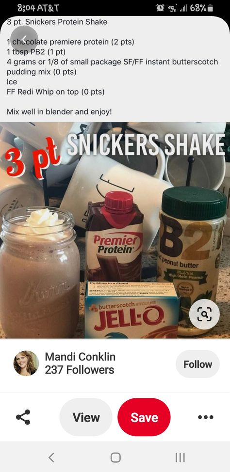 Blended Meals Recipes, Ww Protein Shakes, Premier Protein Powder Shake Recipes, Snickers Protein Shake, Weight Watchers Shakes, Protein Shake Ideas, Snickers Shake, Premier Protein Shake Recipes, Premier Protein Recipes