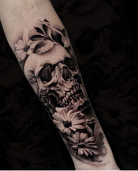 Creepy Cover Up Tattoos, Skulls And Flowers Tattoos, Skull Tattoos With Flowers, Skull Half Sleeve Tattoo, Masculine Flower Tattoo, Realism Skull Tattoo, Cover Up Tattoos For Men Arm, Ladies Tattoos, Pretty Skull Tattoos