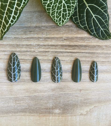 Plant Nails Design, Nature Inspired Nails, Plant Nails, Leaf Nail Art, Nerve Plant, Fall Nail Trends, Leaf Designs, Green Nail, Metallic Nails