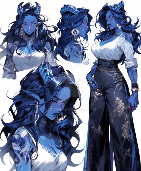 Female Teifling Art, Space Sci Fi Character Design, Hot Dnd Characters Female, Dnd Tiefling Female Character Design, Blue Tiefling Female, Tiefling Warlock Female, Blue Tiefling Woman, Meaningless Art, Fathomless Warlock