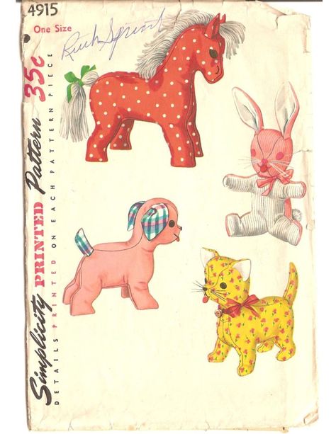 Download vintage stuffed animal patterns. Sewing Animals, Stuffed Animal Sewing, Horse Fabric, Monkey Stuffed Animal, Vintage Crochet Patterns, Animal Sewing Patterns, Sewing Stuffed Animals, Stuffed Animal Cat, Horse Pattern