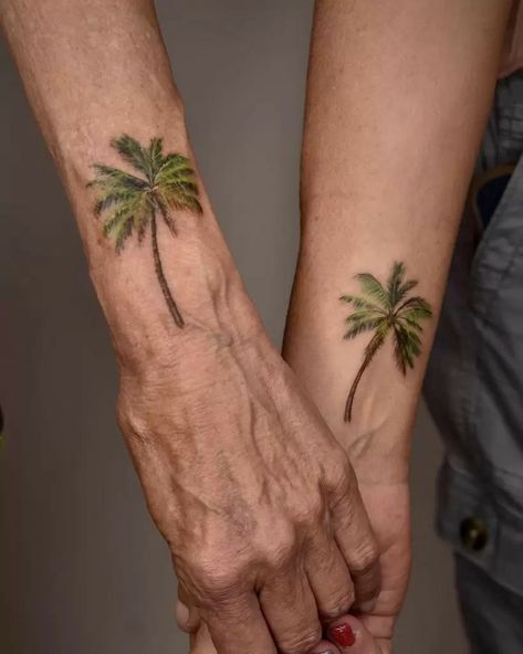 Two Palm Tree Tattoo, Tree Tattoo Side, Tattoo With Meaning, Tree Silhouette Tattoo, Tree Tattoo Meaning, Simple Heart Tattoos, Mom And Daughter Tattoos, Heartbeat Tattoo, Sunset Tattoos