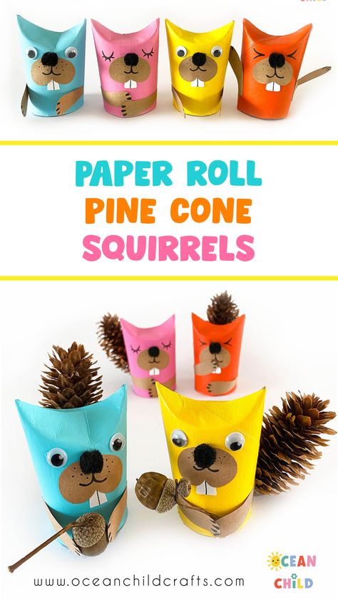 Colorful paper roll squirrels with pinecone tails. The perfect pinecone nature craft for fall and autumn. Pinecone Hedgehog Craft, Pinecone Animals, Chipmunk Craft, Squirrel Crafts, Toilet Paper Roll Squirrel, Squirrel Craft, Forest Animal Crafts, Pinecone Crafts Kids, Lion Craft