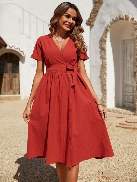 Red Casual  Short Sleeve Cotton Plain A Line Embellished Non-Stretch Summer Women Dresses Cotton Dress Pattern Indian Summer, Cotton Frocks For Women, Cotton Dress Pattern Indian, Cotton Dress Pattern, Red Linen Dress, Women Maxi Dresses, Cotton Dress Fabric, Simple Frock Design, Cotton Short Dresses