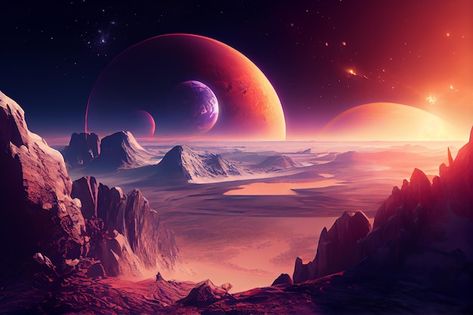 Free photo night sky with planets and ga... | Free Photo #Freepik #freephoto #alien-planet #fantasy-landscape #mars #space-travel Space Landscape Wallpaper, Mars Landscape, Galaxy Landscape, Planet Pictures, Planets In The Sky, Desert Planet, Mars Space, Space Landscape, Alien Landscape