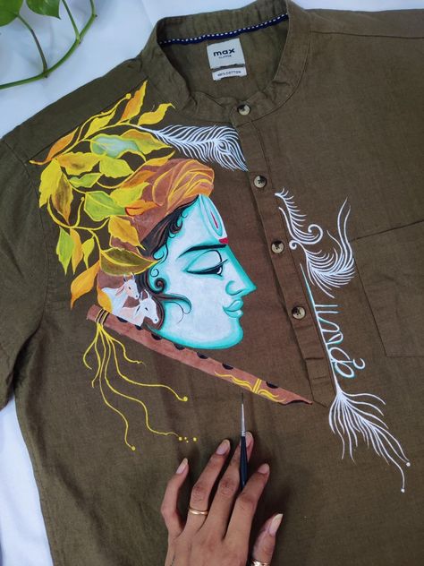 Paint on @paint_blue skye Krishna Painting On Cloth, Fabric Painting On Mens Shirt, Panjabi Painting Design For Men, Krishna Painting On Fabric, Mural Painting On Shirt, T Shirt Painting Ideas Men, Kurta Painting Design For Man, Krishna Fabric Painting, Fabric Paint Designs Creative