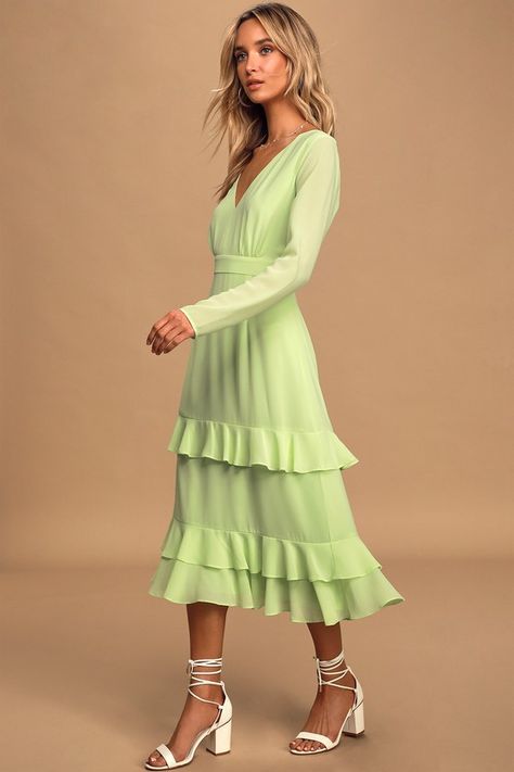 Cute Lime Green Dress - Ruffled Midi Dress - Long Sleeve Dress #ad #Green, #AD, #Dress, #Cute, #Lime Ruffle Dress Long Sleeve, Ruffle Dress Long, Green Ruffle Dress, Neon Prom Dresses, Lime Green Dress, Winter Wedding Guest Dress, Green Long Sleeve Dress, Full Midi Skirt, Chiffon Midi Dress