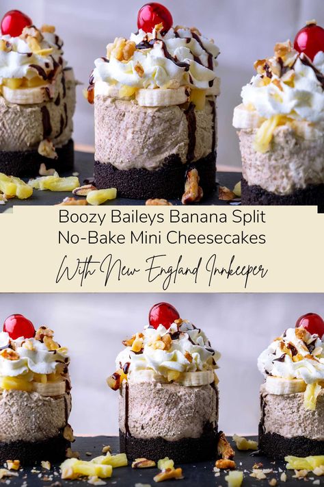 Boozy Baileys Banana Split No-Bake Mini Cheesecakes Boozy Cheesecake, Irish Cream Desserts, Blueberry Cream Pies, Cheesecake Mix, Chocolate Cupcakes Moist, Alcoholic Desserts, Fun Dessert, Baked Cheesecake Recipe, Cream Pie Recipes