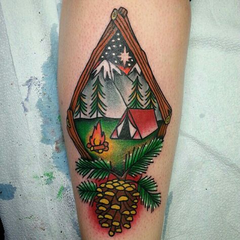 Magic place #traditionaltattoo #mountains #bonefire #camp #stars #forest Camping Tattoo Ideas, Scenery Tattoo, Tatuaje Cover Up, Sailor Jerry Tattoo Flash, Camping Tattoo, Hiking Tattoo, Landscape Tattoo, Forest Tattoos, American Traditional Tattoo