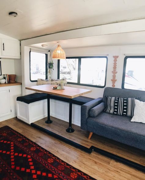 RV Remodel Ideas: 23 Ways to Upgrade Your Camper | Extra Space Storage Rv Remodel Ideas, Camper Table, Rv Living Room, Rv Interior Remodel, Extra Space Storage, Camper Trailer Remodel, Diy Camper Remodel, Rv Homes, Rv Makeover