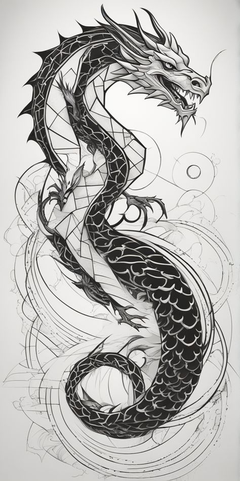 A black and white image showcasing a geometric-style dragon tattoo design on a blank canvas. Precision and simplicity emit from the fierce, edgy lines forming the mythical creature. Geometric Dragon Tattoo, Dragon Spitting Fire, Geometric Dragon, Drawing Styles, Fire Tattoo, Dragon Tattoo Designs, Japanese Dragon, Mythical Creature, Anime Drawing