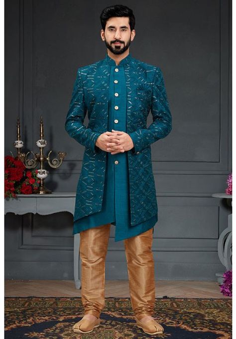 Peacock Blue Imported Silk Indo Western Outfit Indo Western Outfit, Indo Western Dress For Men, Indian Wedding Suits Men, Indo Western For Men, Western Suit, Indo Western Sherwani, Wedding Kurta For Men, Mens Sherwani, Western Suits