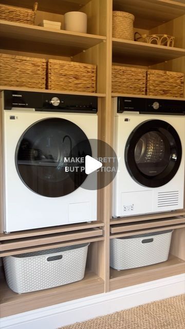 Kerry Kellett on Instagram: "There’s no point in having a pretty utility room if it’s not practical too, here are my favourite functions in this room.

1. Raised appliances to save your back
2. Pull out shelf for wash brackets and to fold washing
2. Basket storage
4. Wall mounted airer for delicate or small wash loads
5. Shoe and coat storage area
6. Broom cupboard for clean equipment and storage

#utility #utilityroom #utilityroomdecor #utilityroominspo #ikeahack #ikeaatmine #ikea #storage #storagesolutions" Cupboard For Washing Machine, Washing Room Ideas Laundry, Washing Room Ideas, Laundry Cupboard Ideas, Washing Area Ideas, Wash Area Design, Washing Machine Area Ideas, Ikea Utility Room, Washing Machine Room