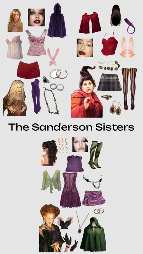 The Sanderson Sisters Costume, hocus pocus, halloween, trio costume, aesthetic Sanderson Sisters Costumes, Hocus Pocus Halloween Costumes, Hermanas Sanderson, Sister Halloween Costumes, Hocus Pocus Costume, Costume Aesthetic, Halloween Trio, Trio Costumes, The Sanderson Sisters