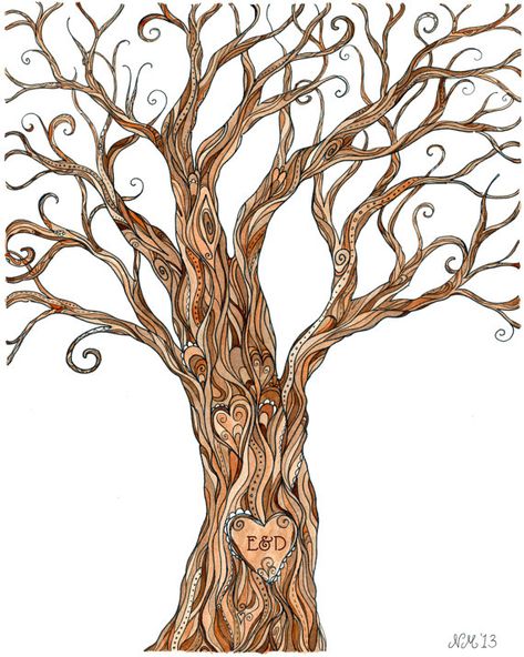 Tree of Love With Custom Initials Added to by mooncookiegallery Zentangle Trees, Monogram Inspiration, Soul Tree, Tree Of Love, Picture Tree, Sacred Tree, Wedding Painting, Initial Tattoo, Tree Carving