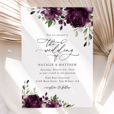 Invite friends and family in style and set the tone for your special day with this charming wedding invitation. #printable #wedding #invitations #weddinginvitation #weddinginvite #weddinginvitationsuite #weddinginvitationset #weddingstationery #SHdesigns Boho Sweet 16, Plum Wedding Invitations, Boho Floral Wedding Invitations, Purple Watercolor Flowers, Boho Floral Wedding, Plum Wedding, Fun Invitations, Purple Birthday, Plum Flowers