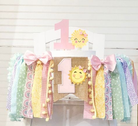 Sunshine And Rainbows Birthday, Birthday Party Fits, Sunshine Birthday Cakes, Sunshine Birthday Theme, Sunshine 1st Birthday, Aqua And Lavender, 1st Birthday High Chair, Milestone Banner, Sunshine Theme