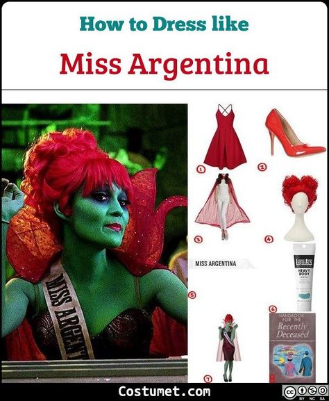 Miss Argentina (Beetlejuice) Costume Macgruber Costume, Miss Argentina Costume, Beetlejuice Costume Diy, Miss Argentina Beetlejuice, Beetlejuice Cosplay, Beetlejuice Characters, Beetlejuice Halloween Costume, Miss Argentina, Halloween Juice