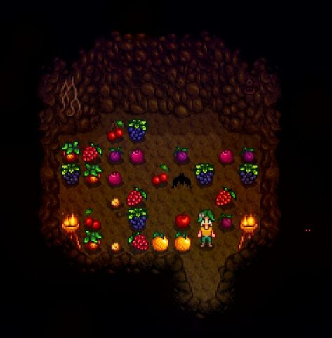 Stardew Valley - Riverland Farm | fruit bat cave interior | LadyAmalthea Stardew Valley Cave Decoration, Fruit Bat Cave Stardew, Stardew Fruit Bat Cave, Stardew Valley Fruit Bat Cave, Skull Cavern Stardew Valley, Stardew Valley Skull Cavern, Stardew Valley Bat Cave, Cave Interior, Farm Fruit