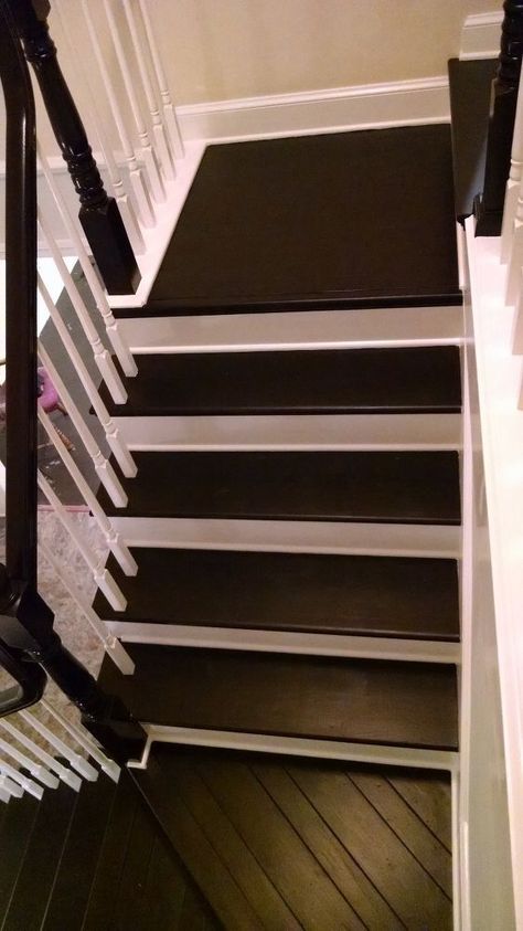 Black Stair Treads White Riser, Black Painted Stairs, Diy Wall Sconces, Black And White Stairs, Diy Wall Planter, Remove Wall, Wooden Plant Pots, Carpet Treads, Minimal Home Decor