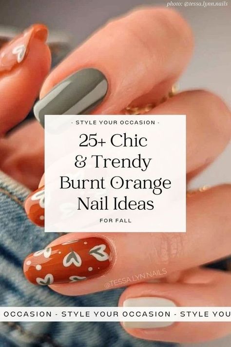 25+ burnt orange nail designs and ideas for 2023. Searching for a gorgeous nail color with a cozy vibe? You’ll love this list of 25+ trendy burnt orange nails including short orange nails, orange nails with flowers, matter nails, and more! Orange nail color. photo: @tessa.lynn.nails Orange With Flowers Nails, Grey And Orange Nails, Nails For Orange Dress, Rusty Orange Nails, Orange Nails With Flowers, Burnt Orange Nails Designs, Green And Orange Nails, Burnt Orange Nails, Nail Designs For Fall