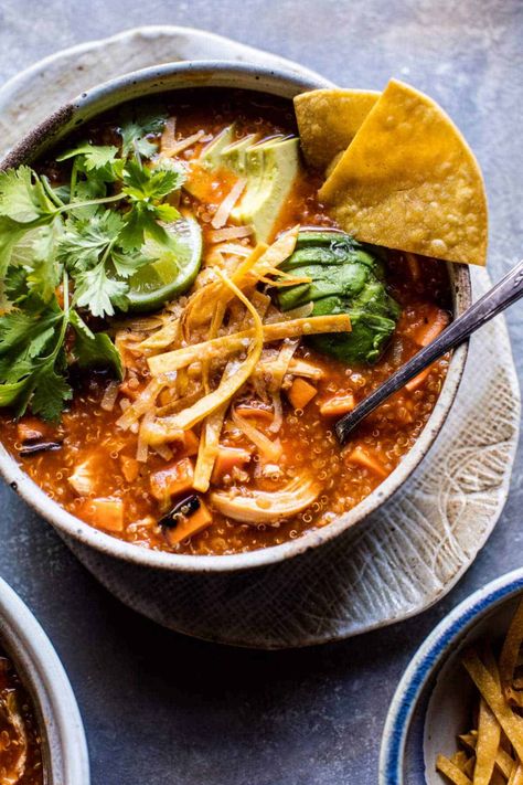 Turkey Enchilada Quinoa Soup | halfbakedharvest.com @hbharvest Half Baked Harvest Recipes, Turkey Enchiladas, Quinoa Soup, Spicy Soup, Chili Soup, Enchilada Soup, Diner Recept, Turkey Soup, Harvest Recipes