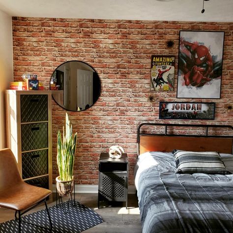 industrial style pre-teen boy room Boys Room Wallpaper Teenage, Brick Wallpaper Boys Bedroom, Boys Industrial Bedroom Ideas, Industrial Teen Boy Bedroom, Industrial Kids Bedroom, Pre Teen Boys Room Bedroom Ideas, Boy Teen Room, Industrial Boys Rooms, Boys Industrial Bedroom