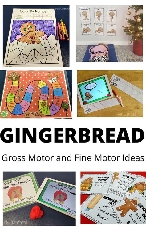 These are such cute ideas for a gingerbread theme! I love the gingerbread yoga and the escape room gingerbread games! I love how there are options for both gross mtoor and fine motor skill activities! Gingerbread Fine Motor Preschool, Gingerbread Games, Class Party Activities, Pediatric Physical Therapy Activities, Pink Oatmeal, Gingerbread Activities, Gingerbread Theme, Kinesthetic Learning, Gross Motor Activity