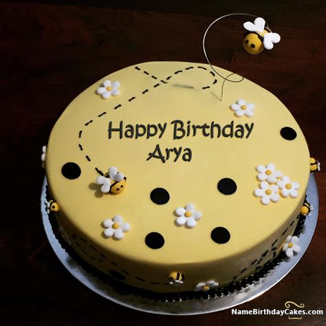 Happy Birthday Arya - Video And Images Bee Birthday Cake, Bumble Bee Cake, Bee Sunflower, Birthday Cake Writing, Sunflower Birthday, Novelty Birthday Cakes, Bee Cakes, Happy Birthday Cake Images, Cake Name