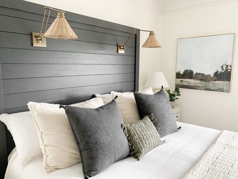 Diy Headboard Between Two Windows, Shiplap Headboard Wall Bedroom, Accent Wall No Headboard, Diy Cottage Headboard, Master No Headboard, Shiplap Headboard With Lights, Lake House Headboard Ideas, Master Bed No Headboard, Beadboard Headboard Diy