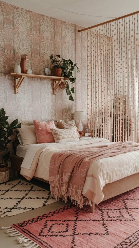 Boho Apartment Aesthetic Bedroom, Boho Chic Room Decor, Teenage Boho Bedroom, Boho Chic Bedroom Pink, Boho Luxe Bedroom, Girly Boho Bedroom, Boho Chic Girls Bedroom, Girly Western Bedroom, Boho College Dorm