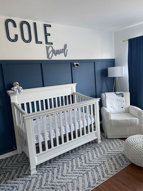 Nursery Ideas Navy Blue, Blue Furniture Nursery, Navy Blue And Grey Nursery, Steel Blue Nursery, Blue Wall Panelling Nursery, Baby Boy Nursery Blue And Gray, Navy Boys Nursery, Navy Nursery Ideas, Navy Blue Nursery Ideas