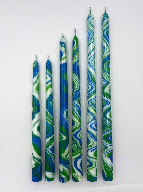 "Pairs of hand marbled taper candles available in three sizes Pair of 10\" tapers - 10\" tall and 3/4\" diameter  recommended for every day use and intimate celebrations  Pair of 12\" tapers - 12\" tall and 3/4\" diameter excellent for decoration and gift giving  Pair of 14\" tapers - 14\" tall and 3/4\" diameter add elegance to holiday celebrations, weddings and parties Made with traditional marbling techniques of floating ink on a liquid to create colorful swirling designs.  River is a bright Tie Dye Candles, Marbled Candles, Holiday Party Centerpieces, Dip Dye Candles, Candle Painting, Marbling Techniques, Painting Night, Marble Candle, Taper Holders