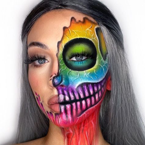 Rainbow Skeleton Makeup, Rainbow Skull Makeup, Skull Face Paint, Glam Halloween, Rainbow Skull, Paint Makeup, Media Makeup, Halloween Makeup Diy, Skeleton Makeup