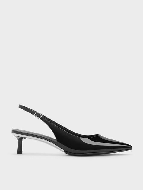 Kitten Heel Slingbacks, Black Slingback Heels, Black Kitten Heels, Online Shopping Shoes, Exclusive Shoes, Faux Leather Heels, Size Chart For Kids, Date Nights, Charles Keith