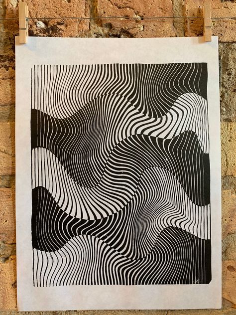 "Gradients / Moiré Test 09 | Linocut Print | hnPrints Optical Illusion | Abstract | Geometric | Minimal Size of paper: 9\" x 12\" Size of printed area: 8\" x 10\" Signed and numbered.  Process Each print is hand carved on a linoleum block, rolled with oil based ink, and pressed onto mulberry paper with a wooden spoon. Prints of multiple colors are made by layering prints from two separate blocks. Hand pulling the print results in slight variations from print to print, making each print truly uni Abstract Tree Painting, Linoleum Print, Lino Art, Linoleum Block, Optical Art, Linocut Art, Relief Print, Mulberry Paper, Illusion Art