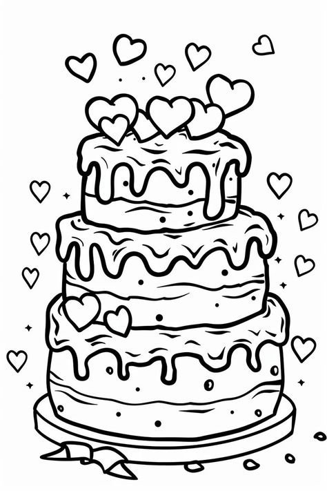 Valentine coloring page for kids Valentines Printables Free Kids, Cake Coloring Pages, Printable Valentines Coloring Pages, 50 Cake, Cake Coloring, Valentine Coloring Pages, Unique Wrapping Paper, Detailed Coloring Pages, Personalized Greeting Cards