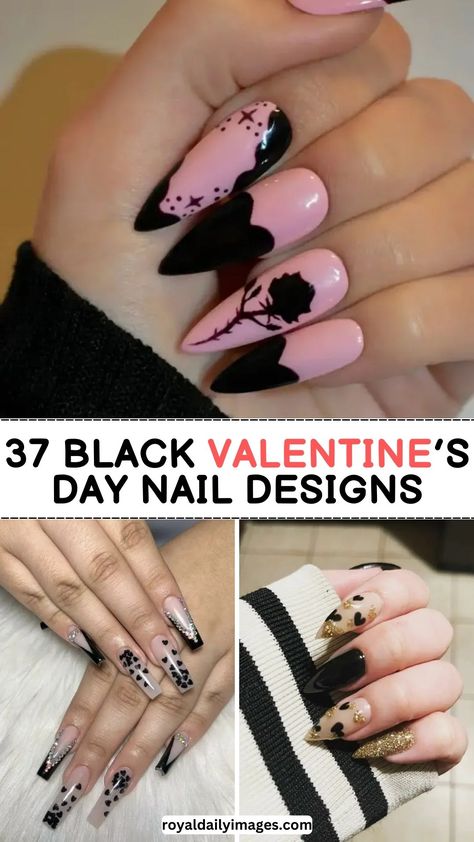 Black Valentine’s Day Nails Valentines Nails Designs Black, Dark Valentine Nails Designs, Valentine Black Nails, Valentine 2024 Nails, Valentines Nails Goth, Gothic Valentine Nails, Moody Valentines Day Nails, Black Valentines Nail Designs, Edgy Valentines Nails Black