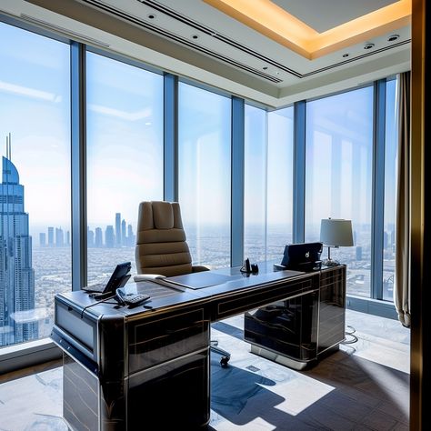 Executive Office View: A sophisticated executive office setup with a stunning high-rise view through large panoramic windows. #office #executive #desk #chair #computer #aiart #aiphoto #stockcake ⬇️ Download and 📝 Prompt 👉 https://ayr.app/l/hMN1 Office Big Window, Windows Office, Office With A View, Office View, Panoramic Windows, Office Executive, Harlan Coben, Executive Office Desk, Big Windows