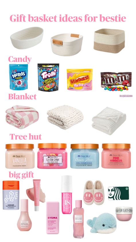 This is a realistic basket for a budget Pink Blanket, Christmas Baskets, Gift Basket Ideas, Quick Gifts, Pink Cotton Candy, Big Gifts, Basket Ideas, Friend Birthday Gifts, Friend Birthday