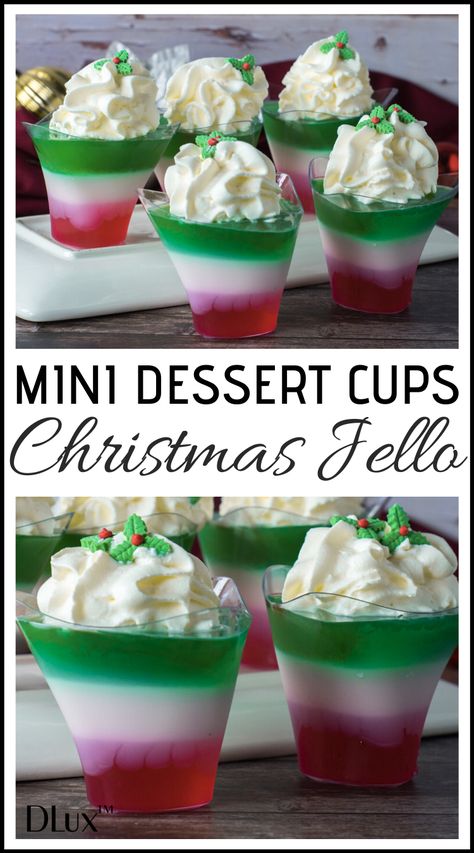 This Chrisitmas Jello in mini dessert cups are perfect holiday dessert recipe! If you are looking for easy Christmas dessert ideas, these beautiful mini cups are perfect! Repin for the full recipe and the quick video tutorial! #christmasdessertideas #christmasdessert #christmasdesserts #christmasdessertrecipe #holidaydessertideas #jellodessert #jellodesserts #jello #easychristmasdessert  #easychristmasdesserts #easyholidaydesserts #easyholidaydessert #easydessertideas #easydessertrecipes Dessert Cups Easy, Holiday Dessert Recipes Easy, Dessert Shooters Recipes, Christmas Jello, Easy Dessert Recipes Christmas, Christmas Desserts Party, Layered Jello, Jello Dessert Recipes, Dessert Cups Recipes