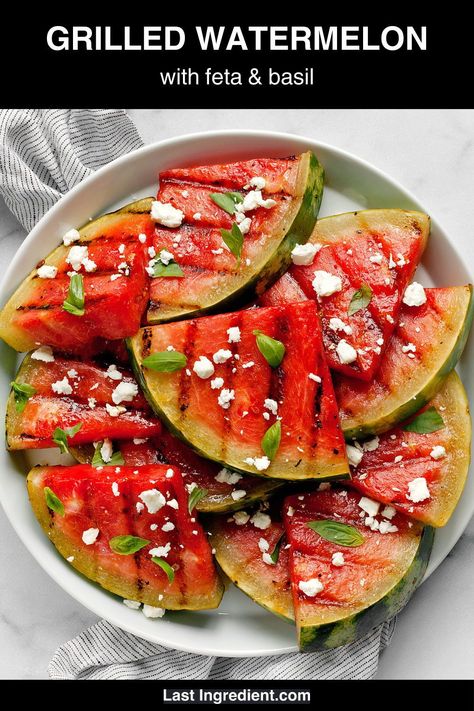 Topped with crumbled feta and fresh herbs, this grilled watermelon is smoky and sweet. If you’ve never grilled watermelon before, it’s a simple way to caramelize it and add flavor along with those all-important grill marks. Then enjoy it as an appetizer, salad or side that's perfect for summer barbecues. Vegetarian Grilling Recipes, Vegetarian Side Dish Recipes, Watermelon Recipe, Appetizer Salad, Grilled Watermelon, Italian Chopped Salad, Grilled Fruit, Watermelon Salad, Summer Appetizer