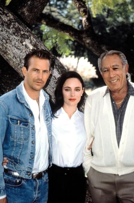 REVENGE (1990) - Kevin Costner, Madeline Stowe & Anthony Quinn on location in Mexico - Based on novel by Jim Harrison - Directed by Tony Scott - Columbia Pictures - Publicity Still. Revenge 1990, Madeline Stowe, Jim Harrison, Madeleine Stowe, Tony Scott, Film Story, Anthony Quinn, Old Hollywood Stars, Kevin Costner