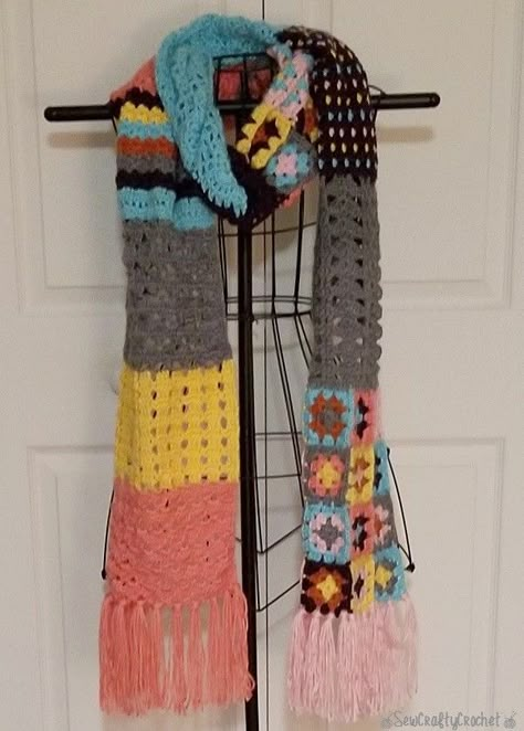 Crochet Patch Scarf, Boho Scarf Crochet Pattern, Granny Square Scarf Pattern Free, Pumpkin Patch Decor, Witchy Crochet, Hat Garland, Crochet Womens Scarf, Cat Doorstop, Granny Square Scarf