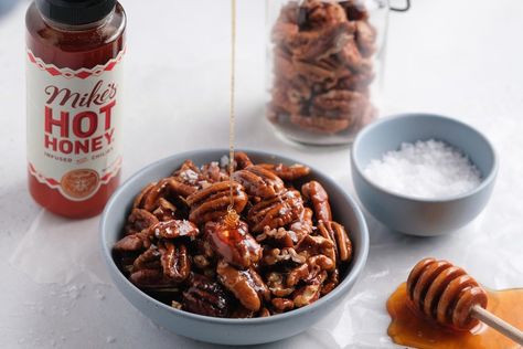 Simple and completely addictive - enjoy by themselves or sprinkled on salads and ice cream. Hot Honey Recipe Chicken, Hot Honey Recipes, Mikes Hot Honey, Roasted Pecans Recipe, Honey Roasted Pecans, Hot Honey Recipe, Honey Baked Chicken, Honey Chicken Recipe, Honey Candy