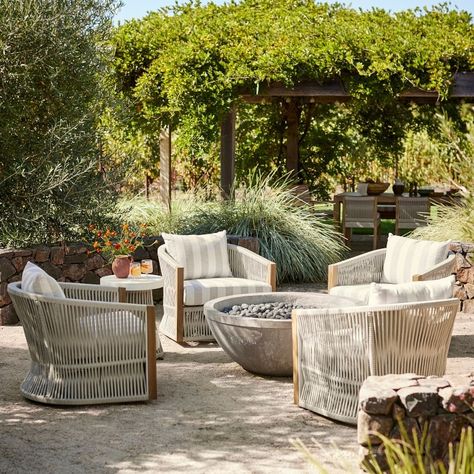 Pasadena Outdoor Teak Swivel Chair | Williams Sonoma Exterior Furniture Design, Backyard Patio Furniture Ideas, Pool Furniture Ideas, Coastal Patio Ideas, Coastal Outdoor Living, Outside Patio Furniture, Lakehouse Living Room, Outdoor Pool Furniture, Elegant Outdoor Furniture