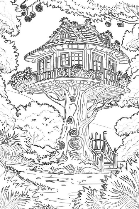 Treehouse Coloring Page, Chibi House, Treetop House, Wooden Tree House, Modele Zentangle, Tree House Drawing, Steampunk Coloring, Chibi Coloring Pages, Tree Coloring