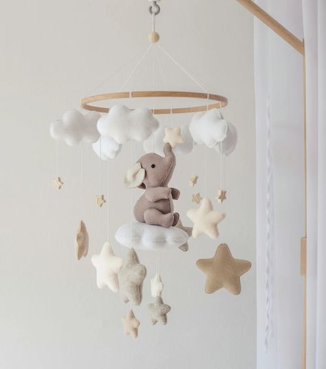 Neutral Baby Room, Elephant Baby Mobile, Elephant Mobile, Boy Mobile, Felt Name Banner, Elephant Nursery Decor, Felt Name, Baby Boy Mobile, Baby Room Neutral