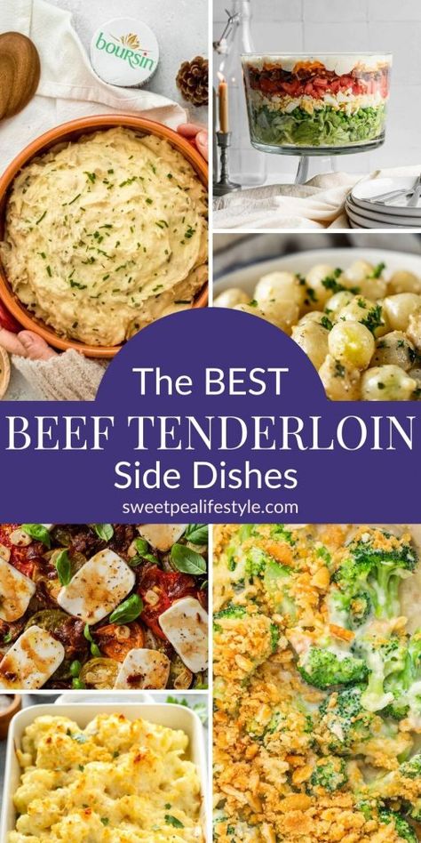 Sides To Go With Beef Tenderloin, Beef Tenderloin Dinner Ideas, Christmas Dinner Party Menu Ideas Beef Tenderloin, Side Dishes With Beef Tenderloin, Filet Side Dishes, Sides With Filet Mignon, Tritip Side Dishes Dinners, Sides For Filet Mignon Dishes, What To Serve With Beef Tenderloin