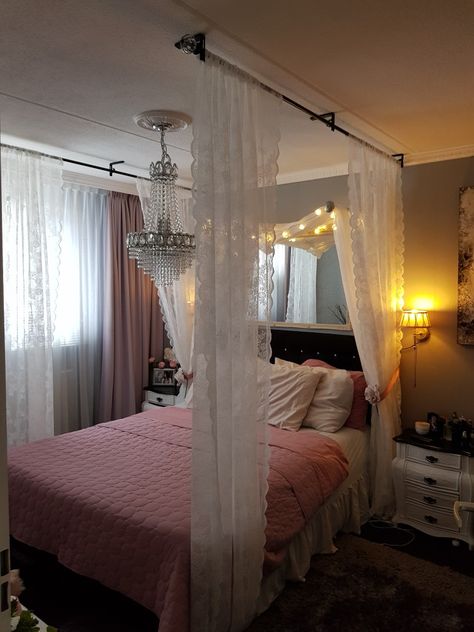 Diy Bed Canopy Easy, Curtain Over Bed, Canopy Drapes, Bed Canopy With Lights, Canopy Over Bed, Canopy Bed Diy, Girl Apartment Decor, Diy Room Decor Videos, Doors Interior Modern